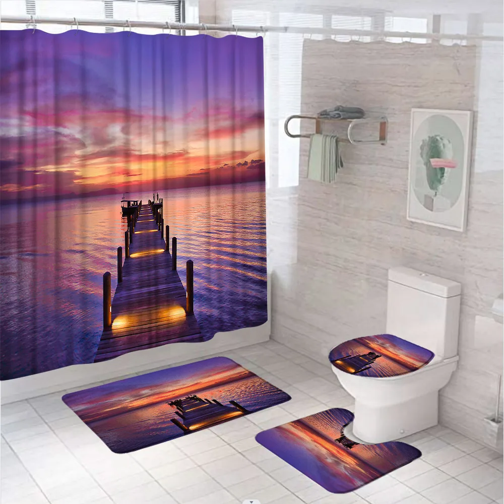 

Ocean Wooden Bridge Shower Curtain Sets Tropical Sea Sunset Natural Scenery Bathroom Curtains Non-Slip Bath Mat Rug Toilet Cover