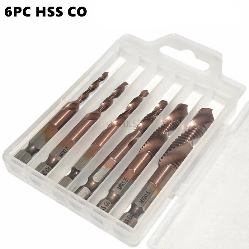

6PC Cobalt Contain Composite Tap M3-M10 1/4 Hexagonal Handle High Speed Steel Cobalt Plating Drilling and Tapping Integrated Tap