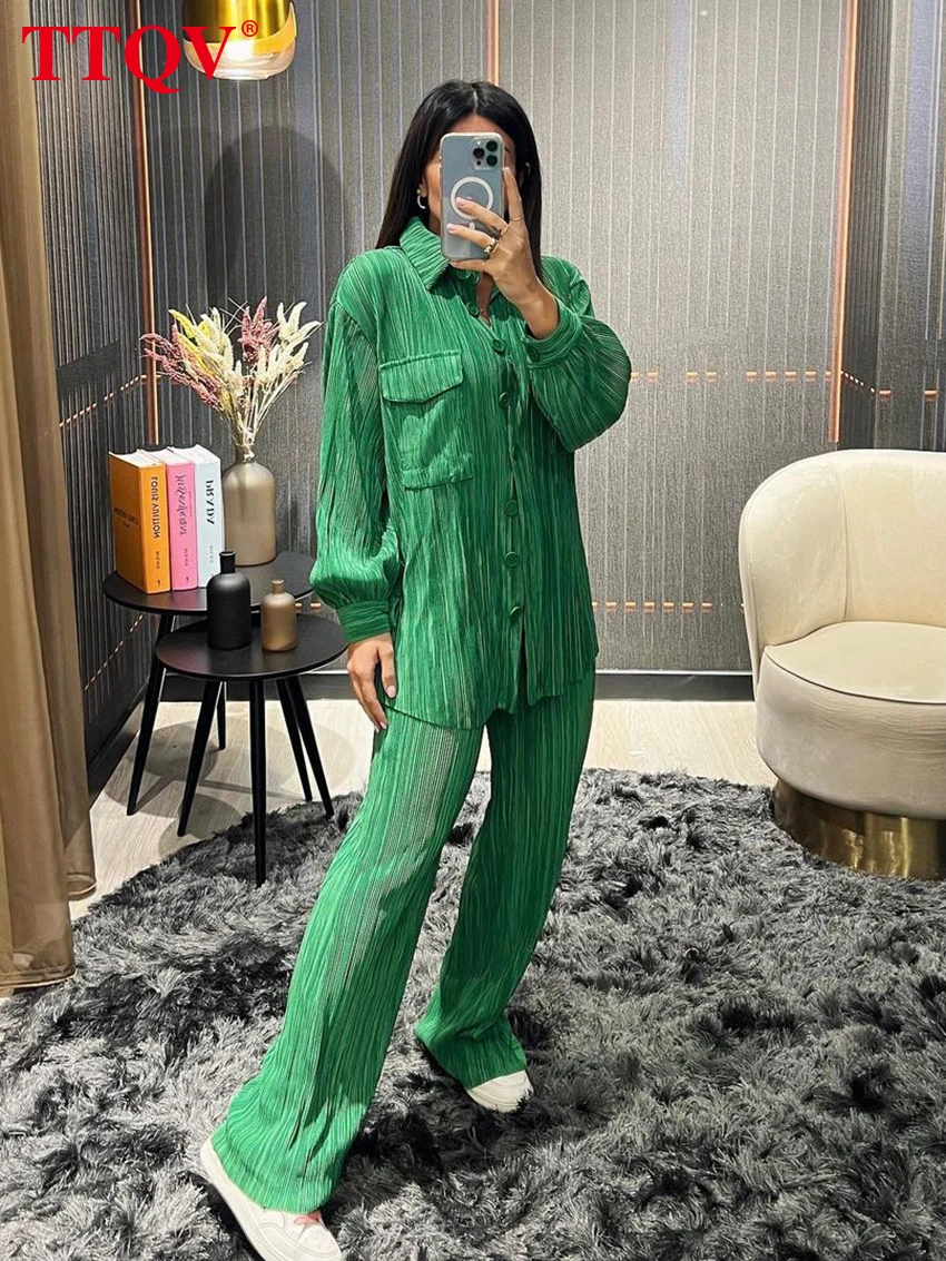 TTQV Casual Loose Green Two Piece Sets Womens Outifits Fashion Lapel Long Sleeve Pockets Shirts And Simple Trousers Female Sets
TTQV Casual Loose Green Two Piece Sets Womens Outifits Fashion Lapel Long Sleeve Pockets Shirts And Simple Trousers Female Sets