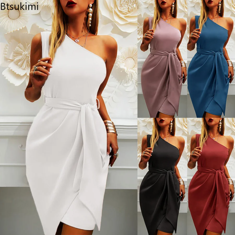 New 2023 Elegant Inclined Shoulder Solid Dresses Women Asymmetrical Chic Sleeveless Belt Party Midi Dress Casual Vestido Female
New 2023 Elegant Inclined Shoulder Solid Dresses Women Asymmetrical Chic Sleeveless Belt Party Midi Dress Casual Vestido Female