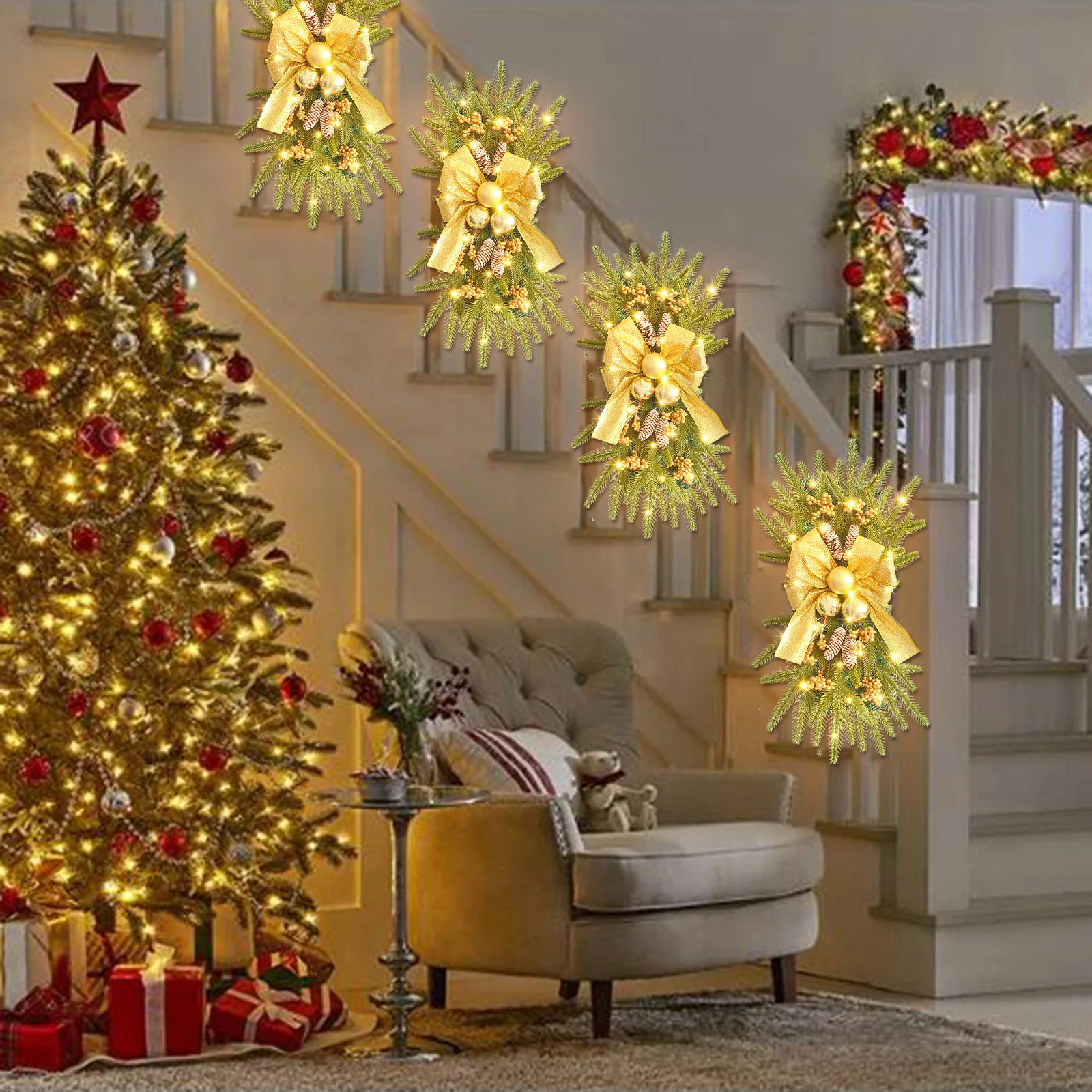 

Домашний декор, Лидер продаж, Рождественский венок, 2023 бант, перевернутый венок на дерево, лестница, коридор, свадебное украшение
