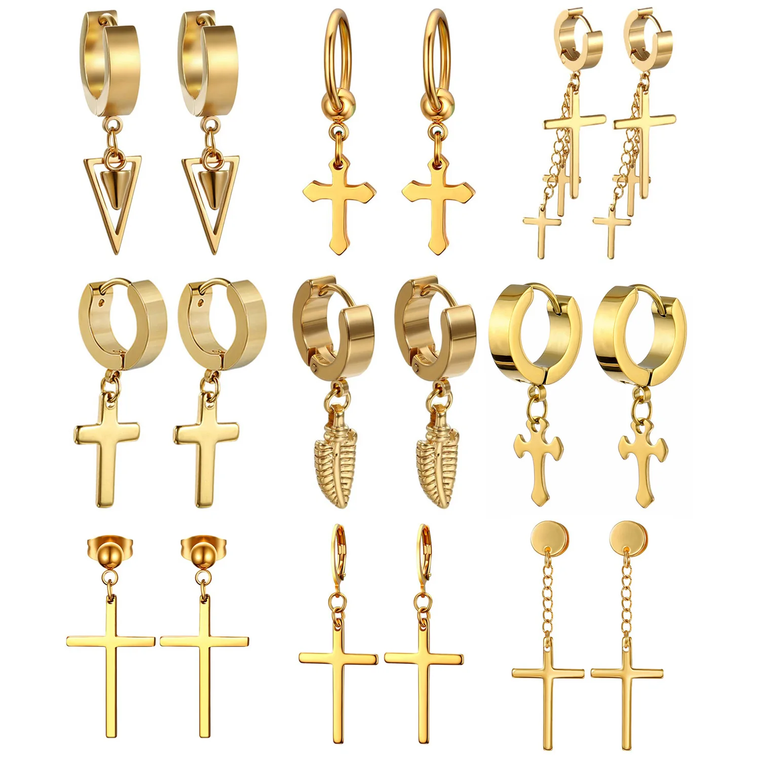 3-9 Pairs Cross Dangle Hinged Hoop Earrings for Men and Women Gold Stainless Steel Punk Hip-hop Ear Piercing Earrings Set 
3-9 Pairs Cross Dangle Hinged Hoop Earrings for Men and Women Gold Stainless Steel Punk Hip-hop Ear Piercing Earrings Set