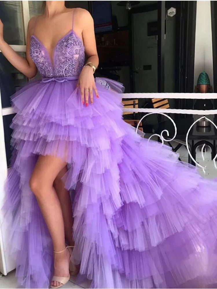 Lavender Princess High Low Prom Dresses 2022 Sexy Spaghetti Strap Tiered Tulle Purple Formal Evening Dress for Party Graduation 
Lavender Princess High Low Prom Dresses 2022 Sexy Spaghetti Strap Tiered Tulle Purple Formal Evening Dress for Party Graduation