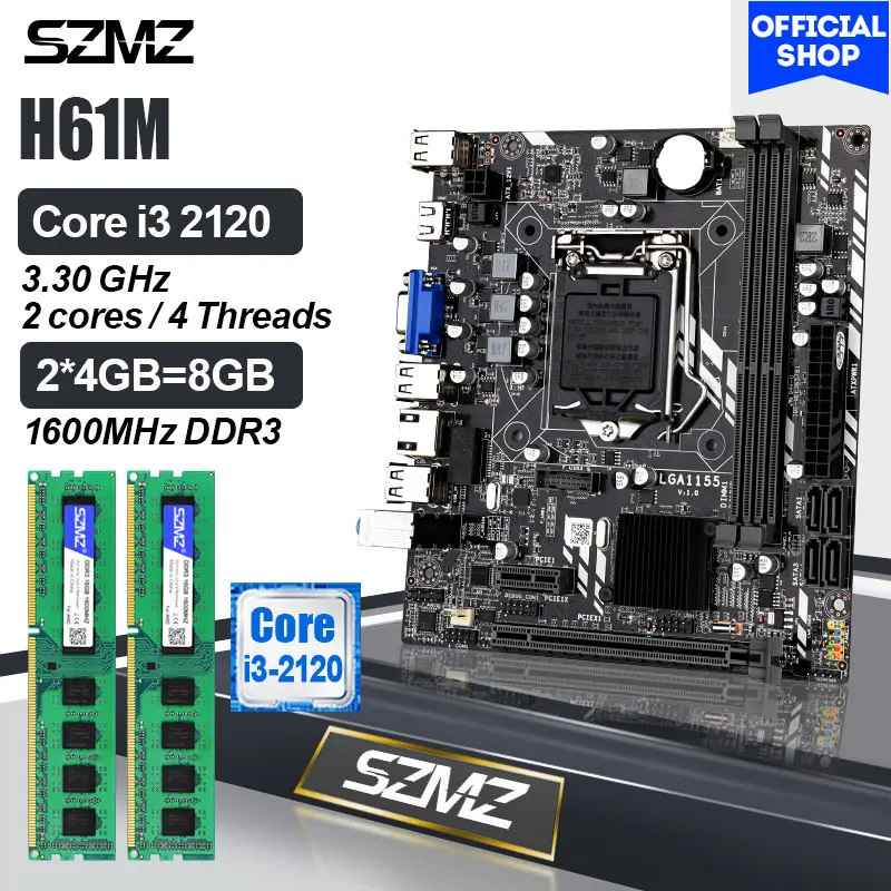 

SZMZ H61 PC Motherboard LGA 1155 with Intel Core i3 2120 CPU and 2*4GB DDR3 1600MHz memory Kit plate pc gamer placa mae 1155