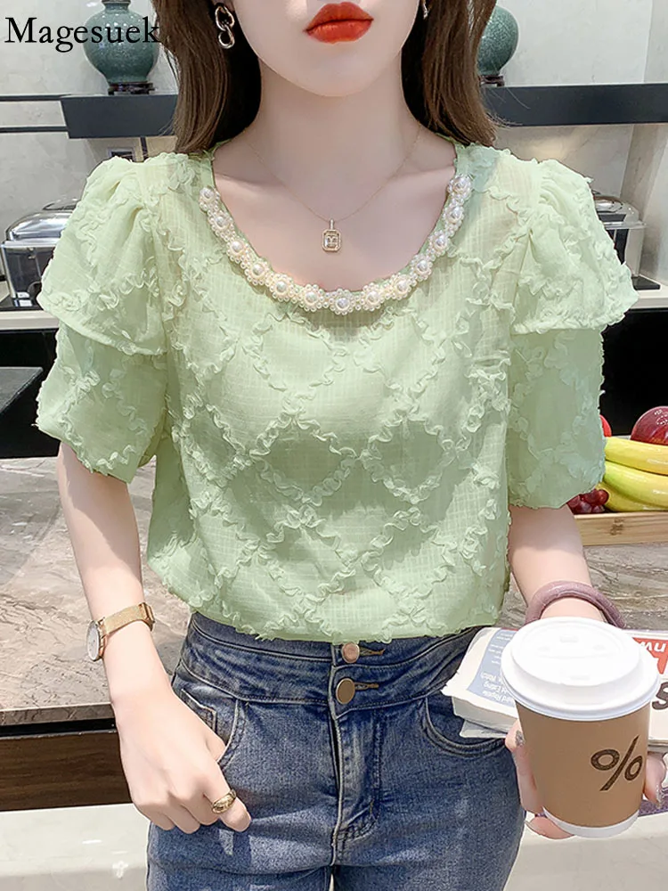 Elegant Ruffle Summer Chiffon Blouse O Neck Beading Vintage Short Sleeve Lady Tops Blouse Loose Blusas Mujer Green Shirts 22343
Elegant Ruffle Summer Chiffon Blouse O Neck Beading Vintage Short Sleeve Lady Tops Blouse Loose Blusas Mujer Green Shirts 22343