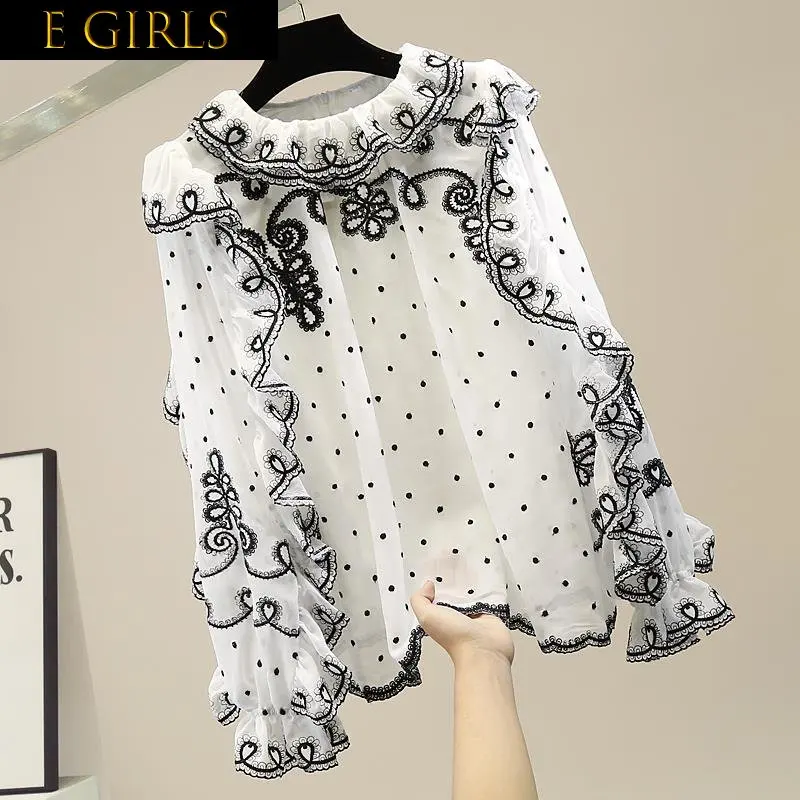E GIRLS Design Embroidered Lace Shirt for Women Design Ruffled Collar Long Sleeve Loose Vintage Elegant Women Blouse French Styl
E GIRLS Design Embroidered Lace Shirt for Women Design Ruffled Collar Long Sleeve Loose Vintage Elegant Women Blouse French Styl
