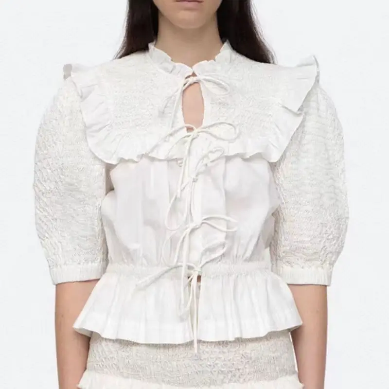 Shirt Women's White 2023 Summer New Design Sense Vintage Pleated Drawstring Strap Decorative Bubble Short Sleeve Top
Shirt Women's White 2023 Summer New Design Sense Vintage Pleated Drawstring Strap Decorative Bubble Short Sleeve Top
