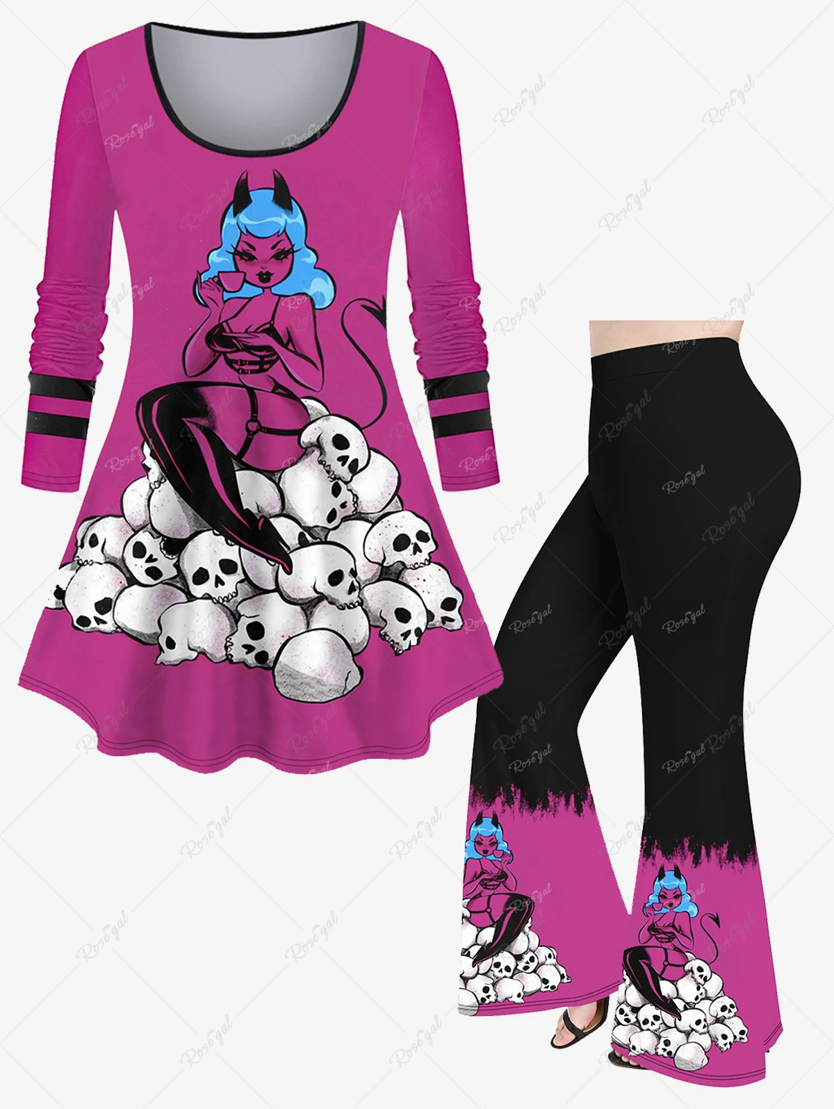 Plus Size Women's Halloween Skulls Bunny Printed Strip Sleeves T-shirt Or Flare Pants High Stretch Daily Casual Matching Set
Plus Size Women's Halloween Skulls Bunny Printed Strip Sleeves T-shirt Or Flare Pants High Stretch Daily Casual Matching Set