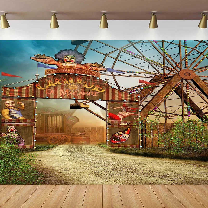 Photography Backdrop Carnival Circus Entrance Freak Clown Joker Broken Carriage Ferris Wheel Background Birthday Party Decor
Photography Backdrop Carnival Circus Entrance Freak Clown Joker Broken Carriage Ferris Wheel Background Birthday Party Decor