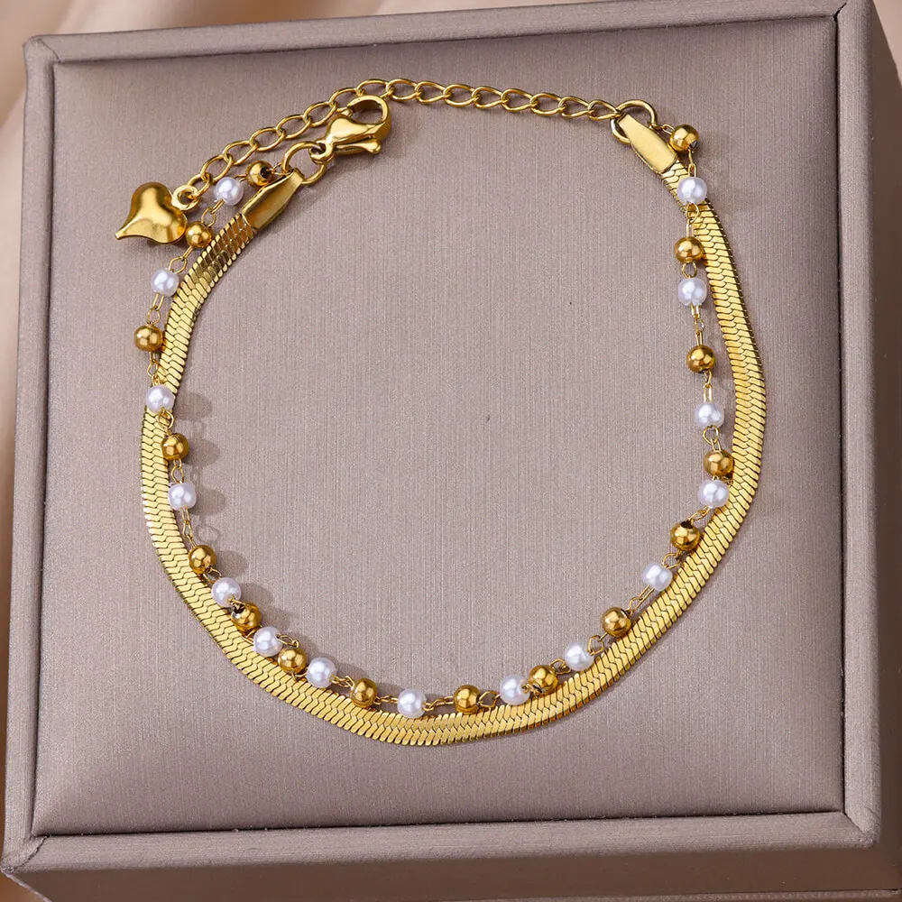 

Imitation Pearls Anklets For Women Gold Color Stainless Steel Anklet Bracelet on the Leg Chain Summer Beach Accessories Jewelry