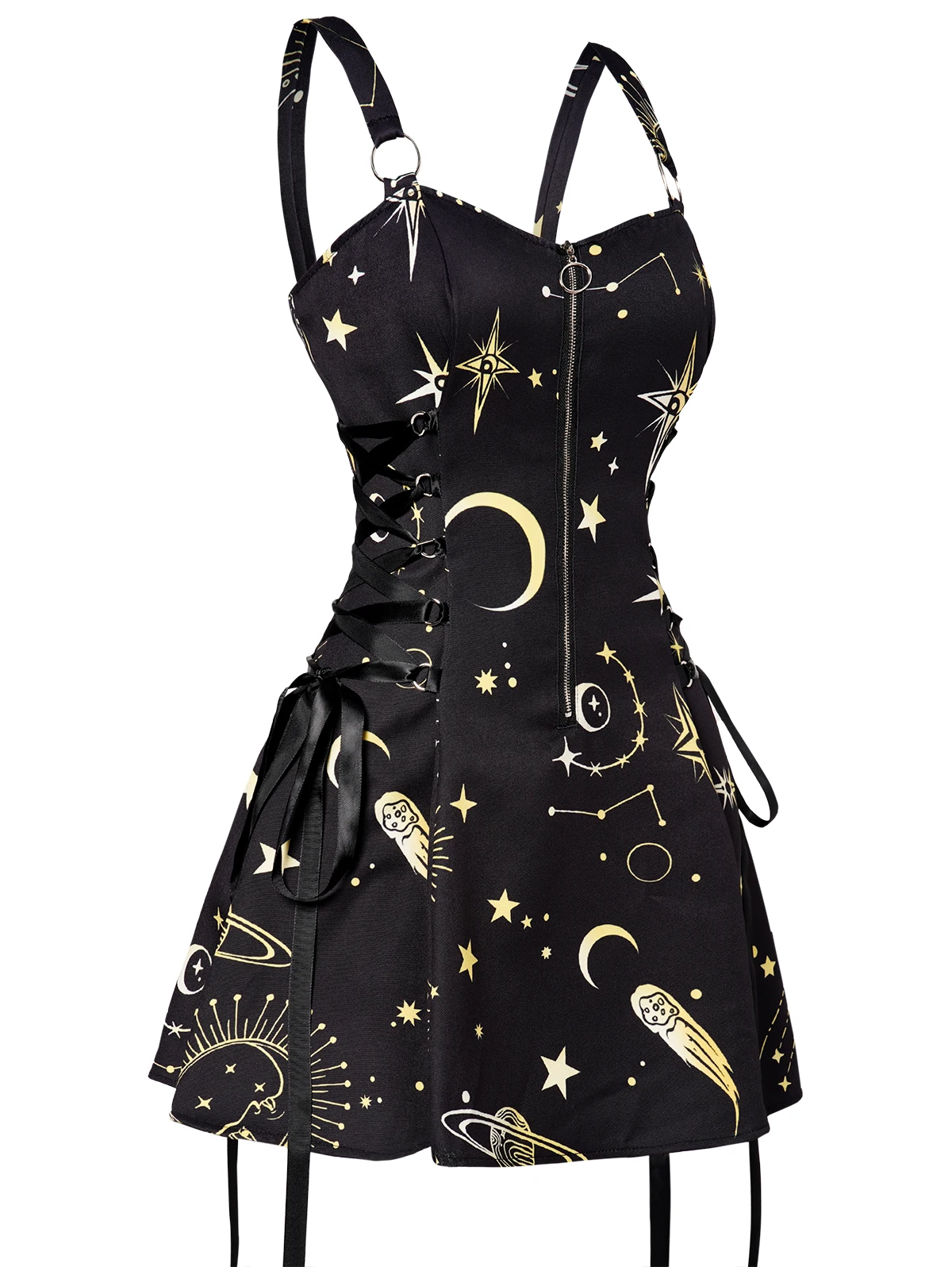 

Celestial Sun Moon Print Lace Up Mini Dress Summer Gothic Women Square Neck Witchcore Vestidos