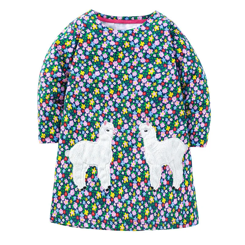 

Jumping Meters New Arrival Girls Floral Dresses Autumn Spring Animals Applique Alpaca Fashion Baby Costume Cotton Frocks