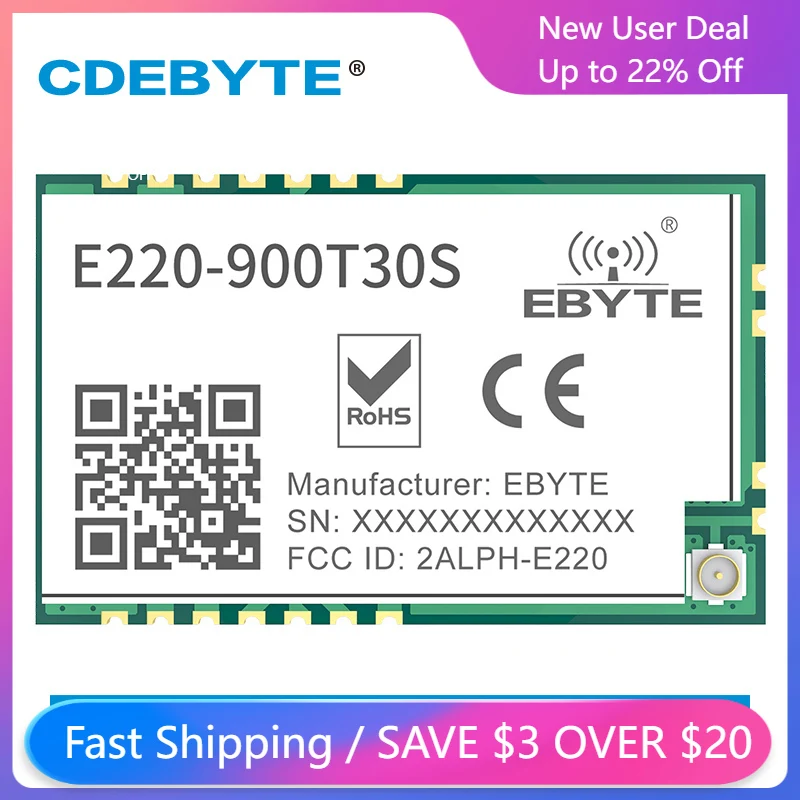 Модуль LoRa LLCC68 868 МГц 915 E220-900T3 0S беспроводной 30 дБм 10 км спектра FSK SMD UART интерфейс IPEX