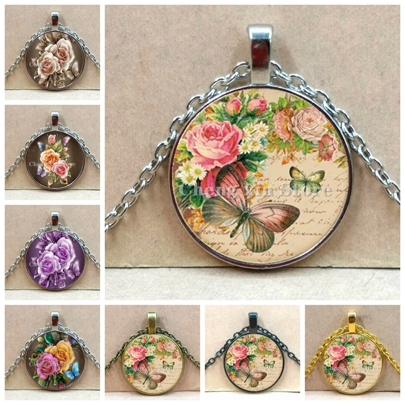 Wholesale charm fashion rose butterfly pattern photo convex glass pendant necklace jewelry, four colors to choose from
Wholesale charm fashion rose butterfly pattern photo convex glass pendant necklace jewelry, four colors to choose from
