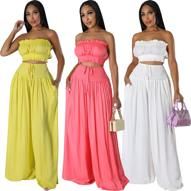 Summer Solid Two Piece Set Women Sexy Ruffles Pleated Strapless Crop Top High Waist Drawstring Wide Leg Pants Fashion Suits
Summer Solid Two Piece Set Women Sexy Ruffles Pleated Strapless Crop Top High Waist Drawstring Wide Leg Pants Fashion Suits