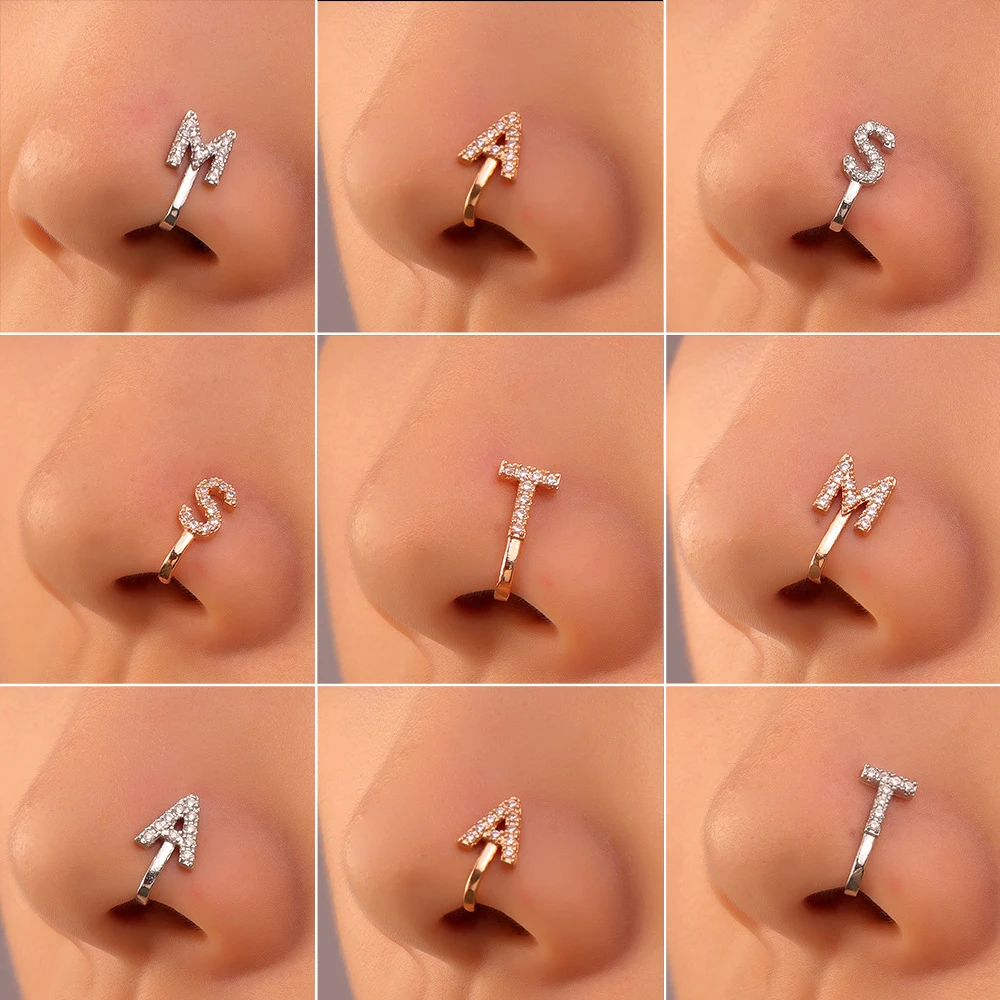 

LUOLER 1 PC Copper Letter Fake Piercing Nose Ring Alphabet Clip On Nose Ear Clips Cuff Earrings Fashion Body Jewelry For Women