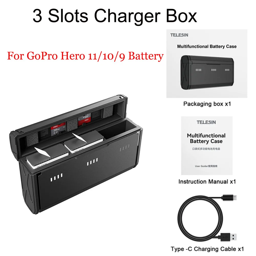 

TELESIN For GoPro Hero 11 10 9 Battery Smart Fast Charger Box 3 Slots TF Card storage Case for GoPro 11 Action Cameras Accessory