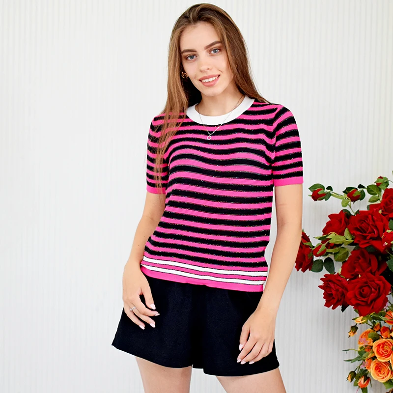 Summer Striped Print Women Tees T-Shirt O-Neck Thin Knitted Crop Tops Slim Knitwear Aesthetic Clothes Y2k Top
Summer Striped Print Women Tees T-Shirt O-Neck Thin Knitted Crop Tops Slim Knitwear Aesthetic Clothes Y2k Top