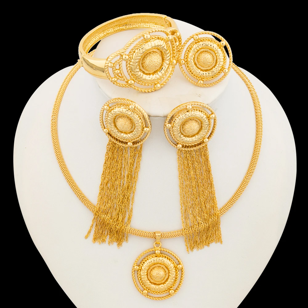 18k Gold Plated Jewelry Set for Women Tassel Earrings and Pendant Necklace with Bangle Ring Set for Bride Jewellery Accessories
18k Gold Plated Jewelry Set for Women Tassel Earrings and Pendant Necklace with Bangle Ring Set for Bride Jewellery Accessories
