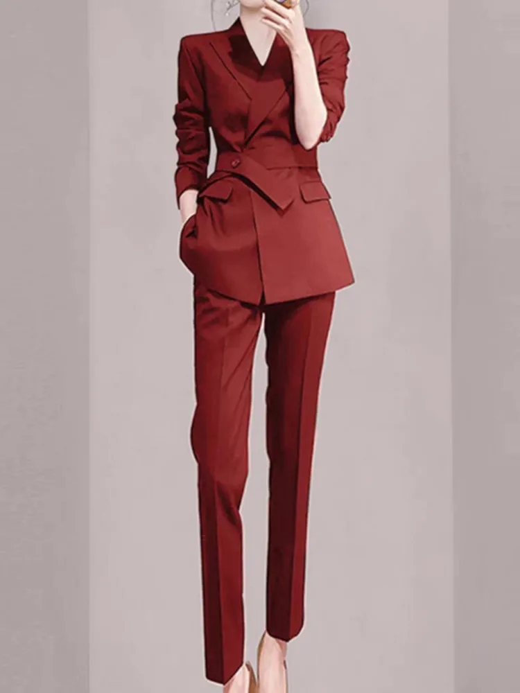 Корейский модный женский деловой Повседневный однотонный костюм с брюками, офисный Женский Тонкий деловой Блейзер, брючный костюм, женский костюм из двух предметов