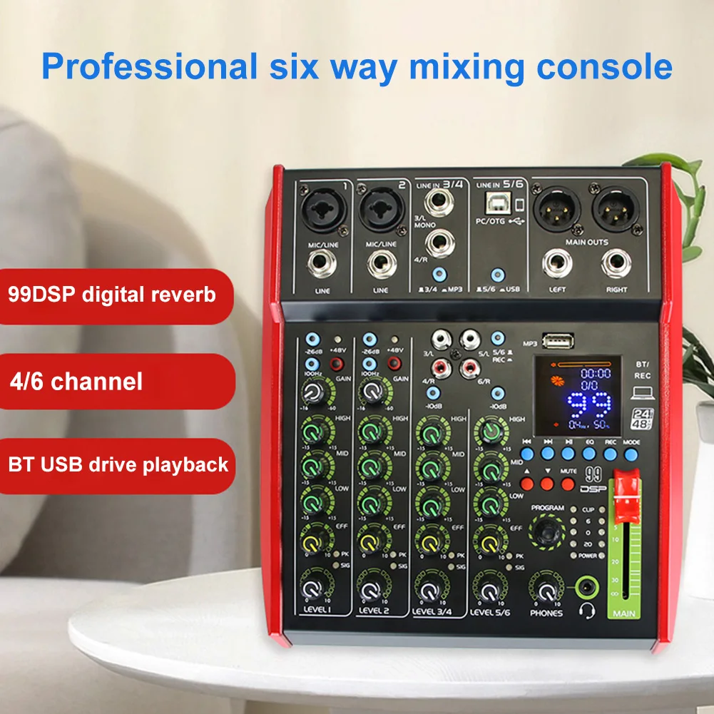 6-Channel Audio Sound Mixer 99 DSP Effectors Small Mixing Sound Card LCD Digital Display Bluetooth-compatible 48V Power Supply
6-Channel Audio Sound Mixer 99 DSP Effectors Small Mixing Sound Card LCD Digital Display Bluetooth-compatible 48V Power Supply