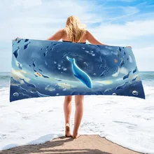 Blue Cartoon Ocean Beach Towel Marine Life Whale Fantasy Absorbent Quick Dry Sport Towel Girl Women Camping Vacation Towel Decor
