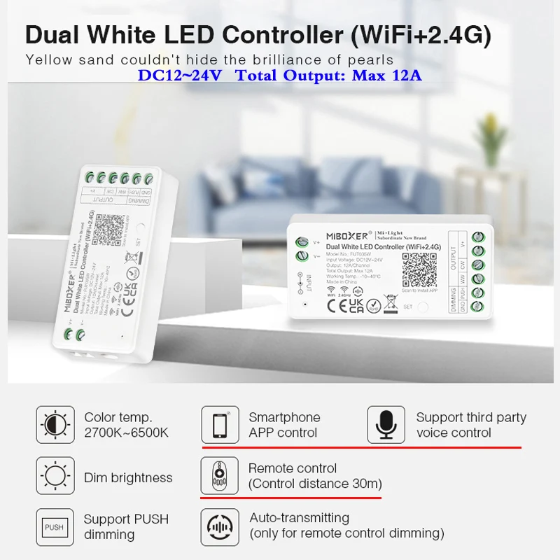 New arrival Dual White LED Controller 2.4GHz Remote Wireless RF WiFi Voice Control DC 12V 24V Music Dimmer Total Output Max 12A
New arrival Dual White LED Controller 2.4GHz Remote Wireless RF WiFi Voice Control DC 12V 24V Music Dimmer Total Output Max 12A