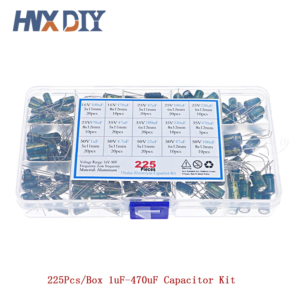 

225Pcs/Box 1uF-470uF Capacitor Kit Aluminum Electrolytic Capacitors Set 15Values 16V-50V Capacitor Assorted Kit Storage Low ESR