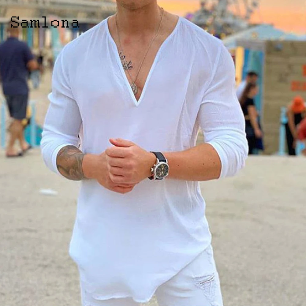 

Samlona Sexy Mens clothing Long Sleeve V-neck T-shirt 2021 Summer New Thin Tops Casual Pullovers Men Tees Shirt Plus size S-3XL