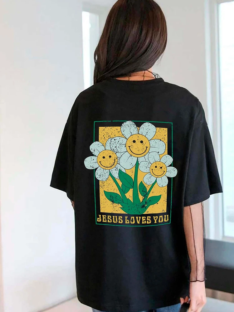 Sunflower Jesus Loves You Prints Womens Cotton Short Sleeve All-math Oversize Tops Personality Casual Clothing Female T-Shirts
Sunflower Jesus Loves You Prints Womens Cotton Short Sleeve All-math Oversize Tops Personality Casual Clothing Female T-Shirts
