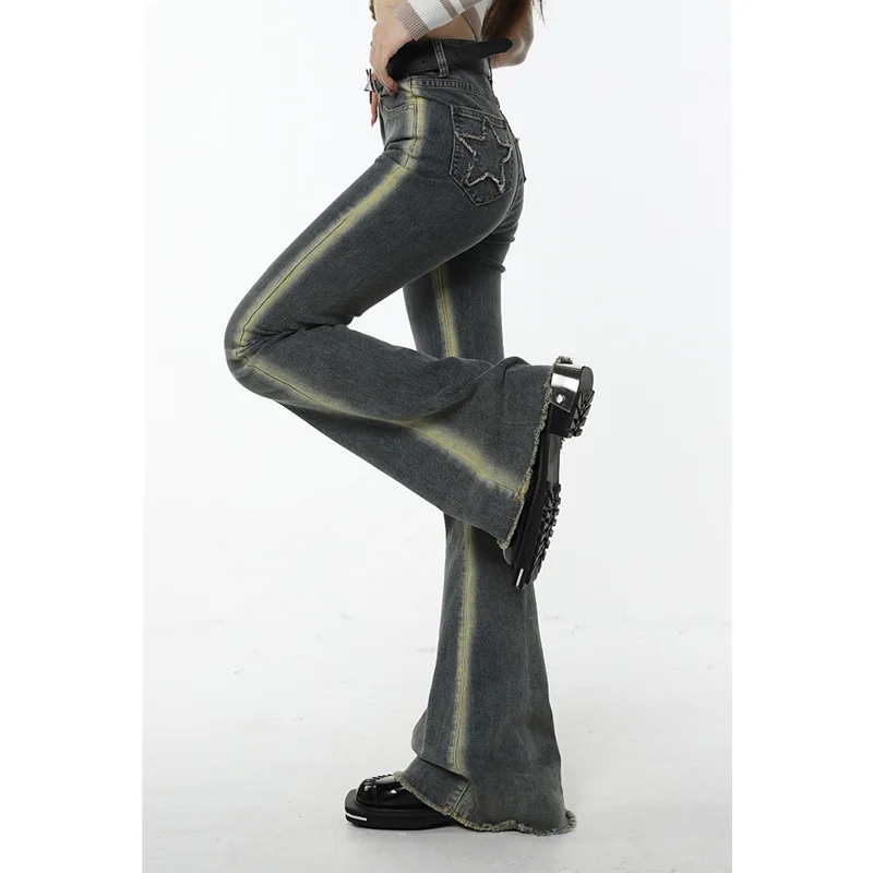 

Blue High Waisted Women Straight Jeans Design Streetwear Korean Fashion Hiphop Vintage Spring Stretchy Denim Trouser Flare Pants
