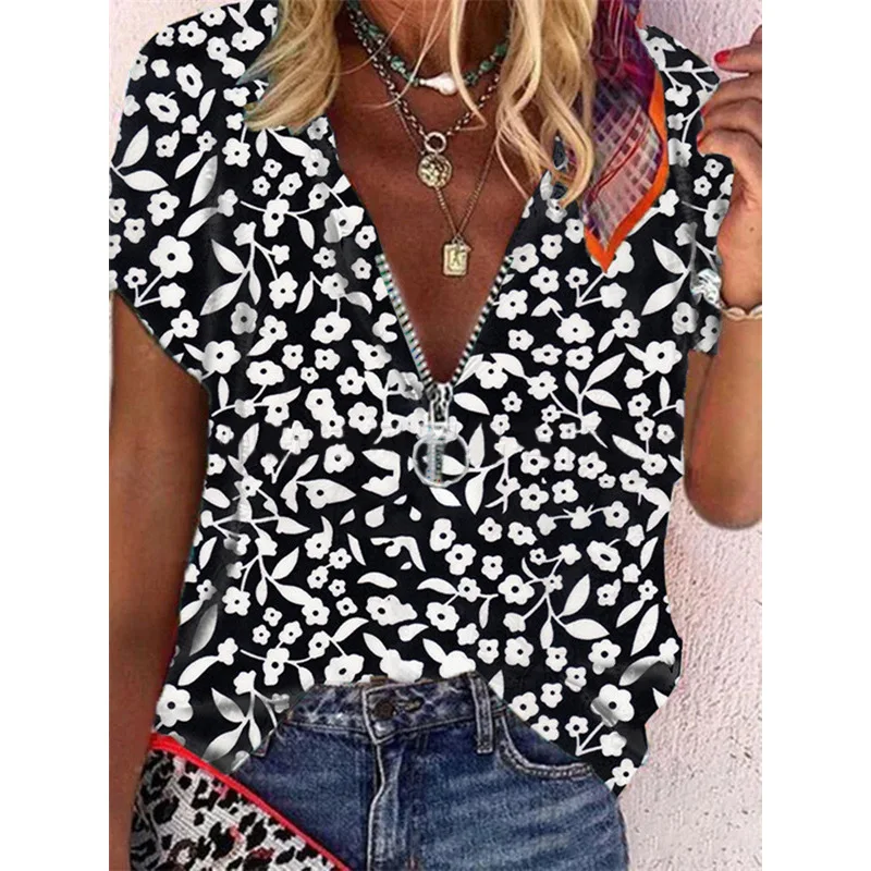 Summer Women's New Tops Casual Elegant V-neck Short Sleeved Floral Pullover Shirt Zipper Commuting Street Fashion T-shirt
Summer Women's New Tops Casual Elegant V-neck Short Sleeved Floral Pullover Shirt Zipper Commuting Street Fashion T-shirt