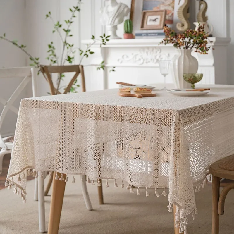 

Hollowout Woven Embroidery Tablecloth Geometric Patterns Tassel Table Cover Banquet