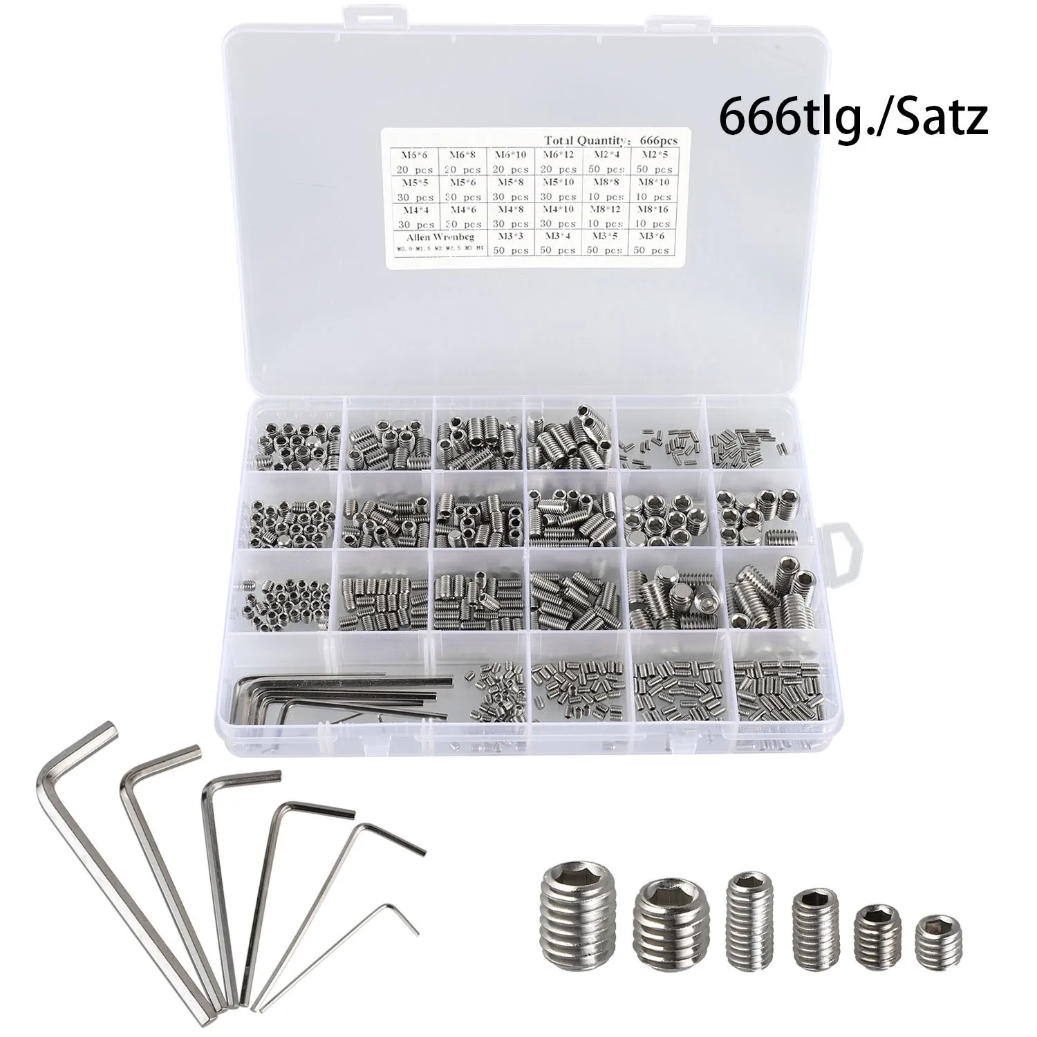 666 Pcs Stainless Steel Hexagon Socket Headless Screws M2-M8 Machine Rice Screws With Wrench For Hand Tools Repairing Parts
666 Pcs Stainless Steel Hexagon Socket Headless Screws M2-M8 Machine Rice Screws With Wrench For Hand Tools Repairing Parts