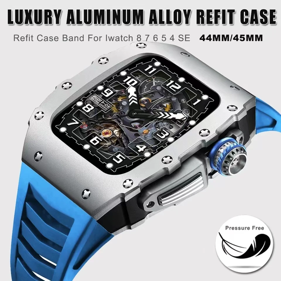 

44 45mm Aluminium Alloy Case For Apple Watch Band Series 8 7 Fluororubber Strap For iWatch 6 SE 5 4 44MM Luxury Modification Kit
