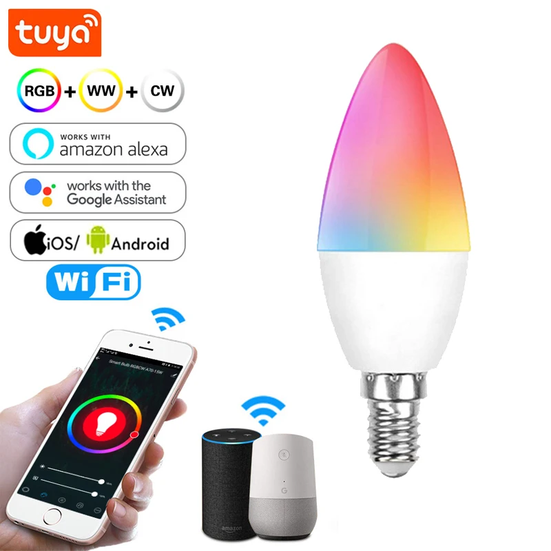 Tuya WiFi Bluetooth-Compatible Smart LED Bulb Smart Lamp RGBCW 5W E12/E14 LED Lamp Smart Life With Alexa Google Home Yandex 
Tuya WiFi Bluetooth-Compatible Smart LED Bulb Smart Lamp RGBCW 5W E12/E14 LED Lamp Smart Life With Alexa Google Home Yandex