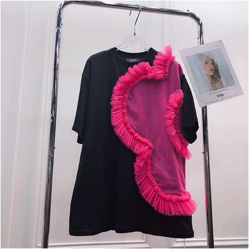 2022 New O Neck Short Sleeve Women T Shirts Korean Mesh Ruffles Patchwork Female Tee Tops Vintage Summer Japanese T Shirt
2022 New O Neck Short Sleeve Women T Shirts Korean Mesh Ruffles Patchwork Female Tee Tops Vintage Summer Japanese T Shirt
