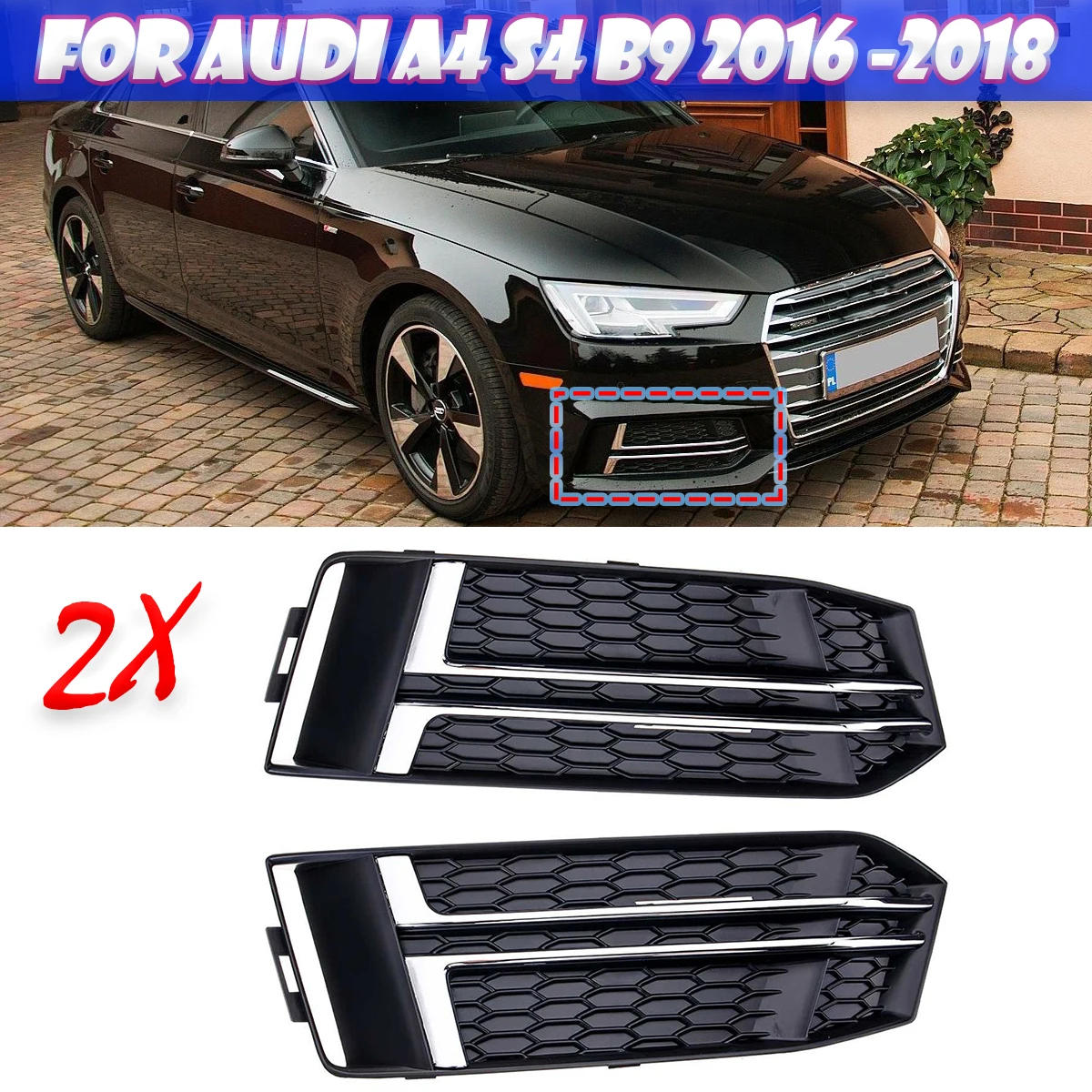 A Pair Front Bumper Fog Light Lamp Cover Electroplating Trim Fog Light Grilles For Audi A4 B9 S-LINE 2016 2017 2018 8W0807681F
A Pair Front Bumper Fog Light Lamp Cover Electroplating Trim Fog Light Grilles For Audi A4 B9 S-LINE 2016 2017 2018 8W0807681F