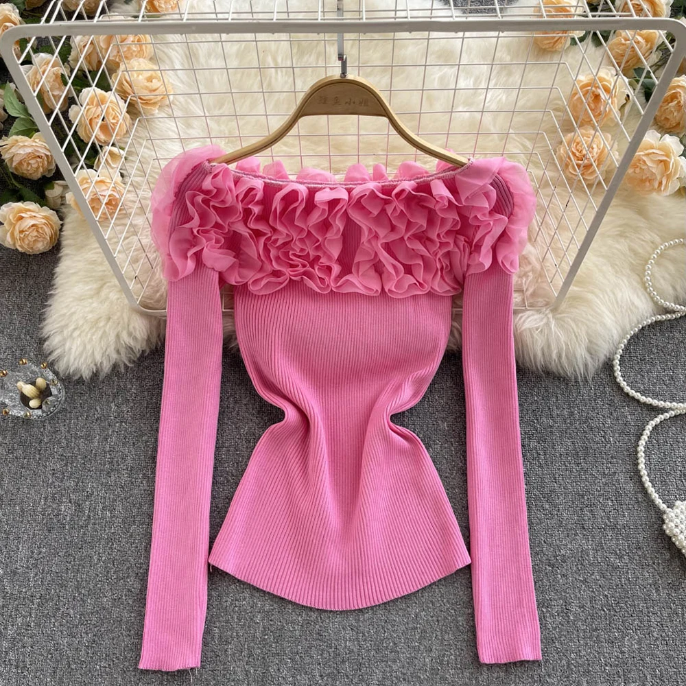 Женский вязаный пуловер с цветочным принтом, с открытыми плечами 
Женский вязаный пуловер с цветочным принтом, с открытыми плечами