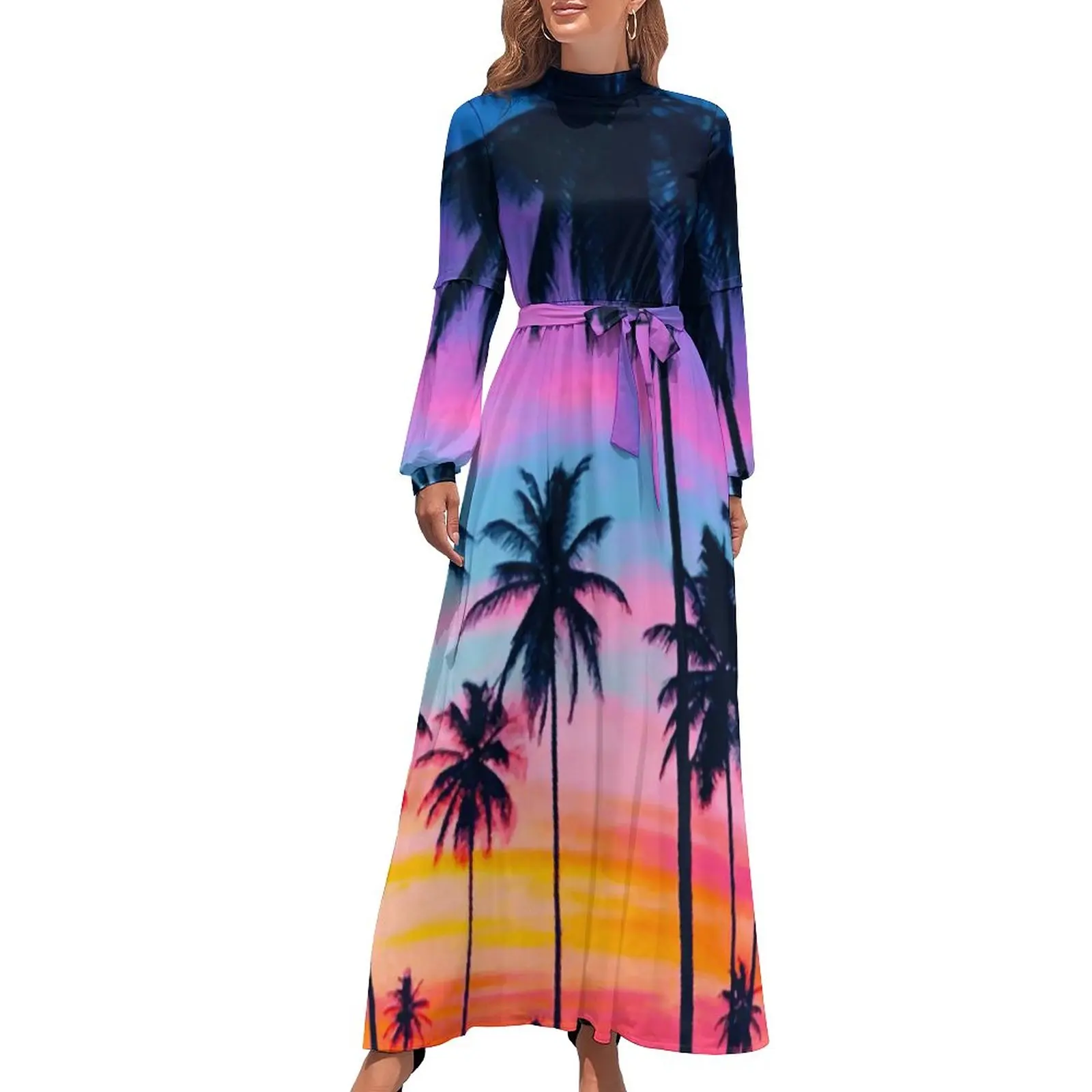 Miami Sunset Dress Long Sleeve Palm Trees Print Elegant Maxi Dress High Neck Stylish Printed Beach Long Dresses Gift
Miami Sunset Dress Long Sleeve Palm Trees Print Elegant Maxi Dress High Neck Stylish Printed Beach Long Dresses Gift