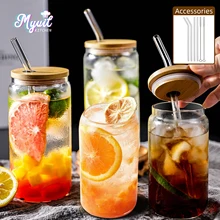 Drinking Glasses with Bamboo Lids and Glass Straw 4pcs Set 16oz Can Shaped Glass Cups Beer Glasses Iced Coffee Tumbler Cup