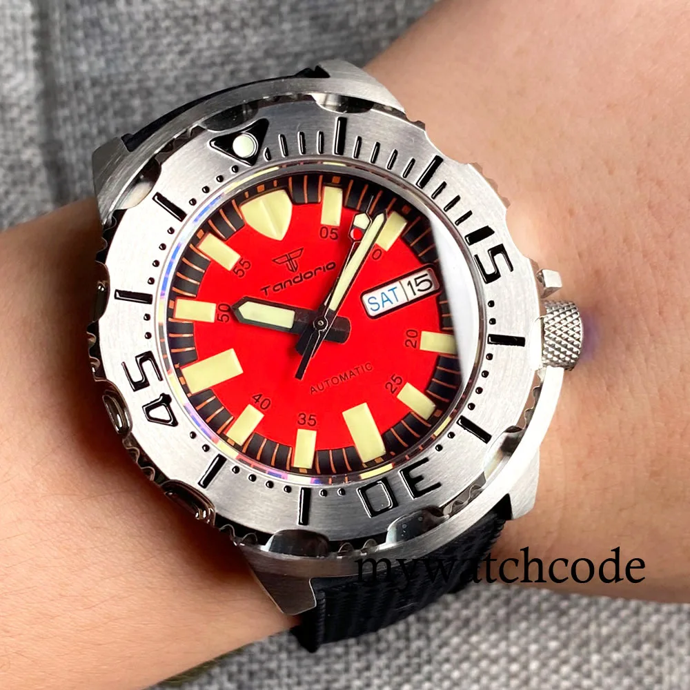 

Tandorio 200m Waterproof Red Dial NH36A 42mm Monster Automatic Men Wristwatch Auto Date Weekday AR Sapphire Crystal Rubber Strap
