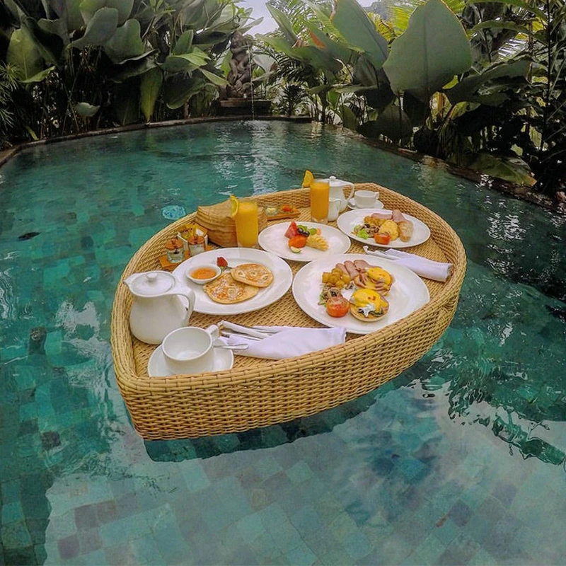 Outdoor hotel swimming pool floating breakfast tray water rattan basket float bed and breakfast creative rattan tray
Outdoor hotel swimming pool floating breakfast tray water rattan basket float bed and breakfast creative rattan tray