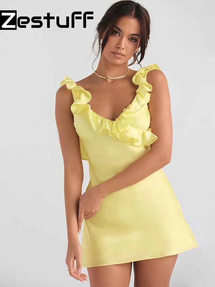 Платье женское атласное с открытой спиной, без рукавов, с оборками 
Платье женское атласное с открытой спиной, без рукавов, с оборками