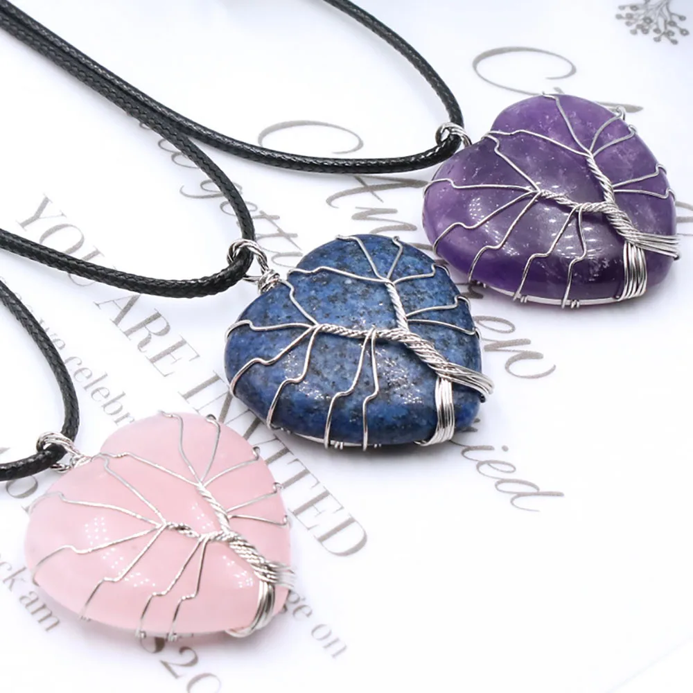 

Natural Healing Crystal Silver Color Tree of Life Wire Wrapped Heart Shape Stone Pendant for Women Amethyst Rose Quartz Necklace