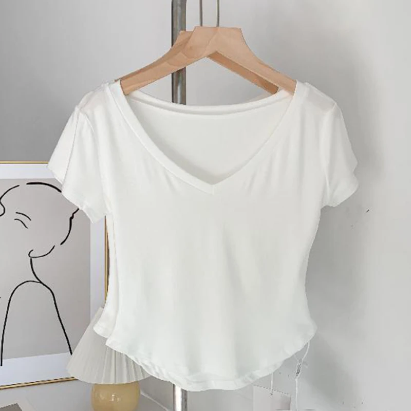 Summer Casual Women's T-Shirt Solid V Neck Crop Top Korean Simple Asymmetrical Short Sleeve Female T Shirts
Summer Casual Women's T-Shirt Solid V Neck Crop Top Korean Simple Asymmetrical Short Sleeve Female T Shirts