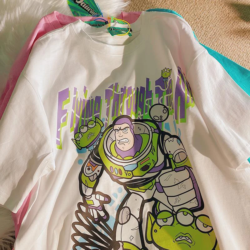 

Disney Fashion Cartoon Buzz Lightyear Print Short Sleeve Women's Harajuku Toy Story T-Shirt Cute Kawaii Crew Neck Top Unisex