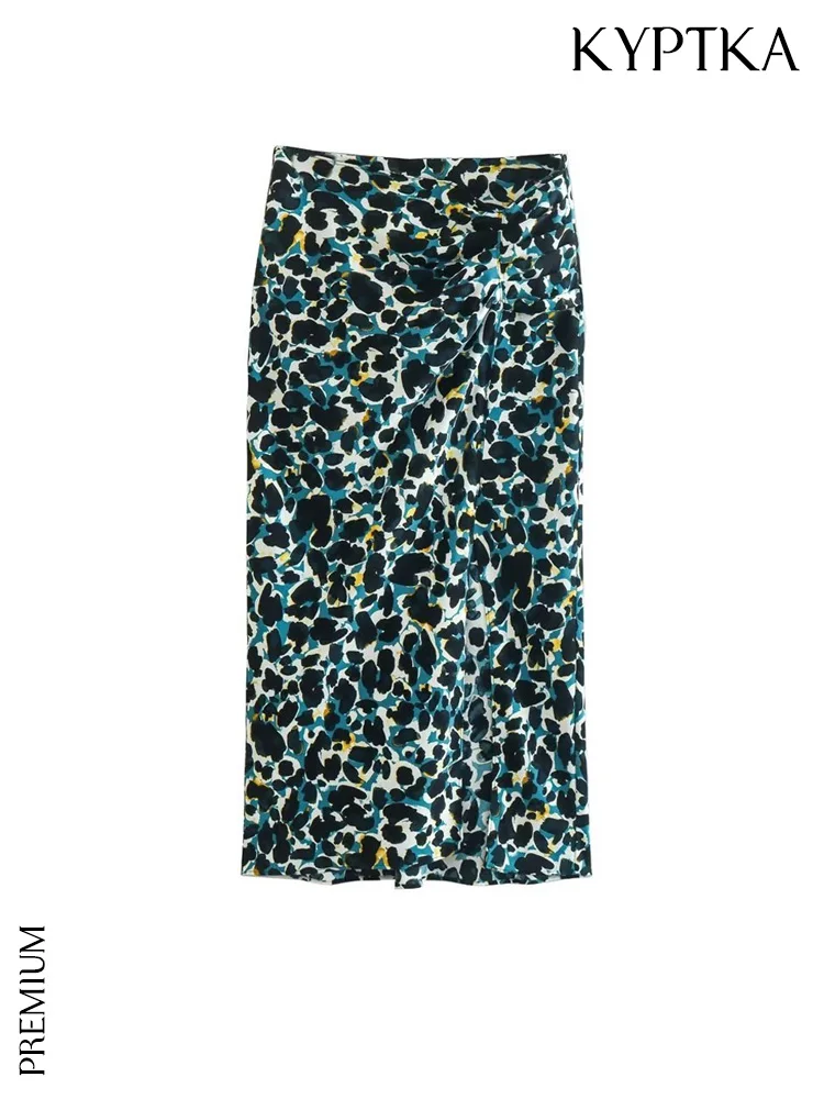 

KYPTKA Women Fashion With Ruched Front Slit Animal Print Midi Skirt Vintage High Waist Side Zipper Female Skirts Mujer