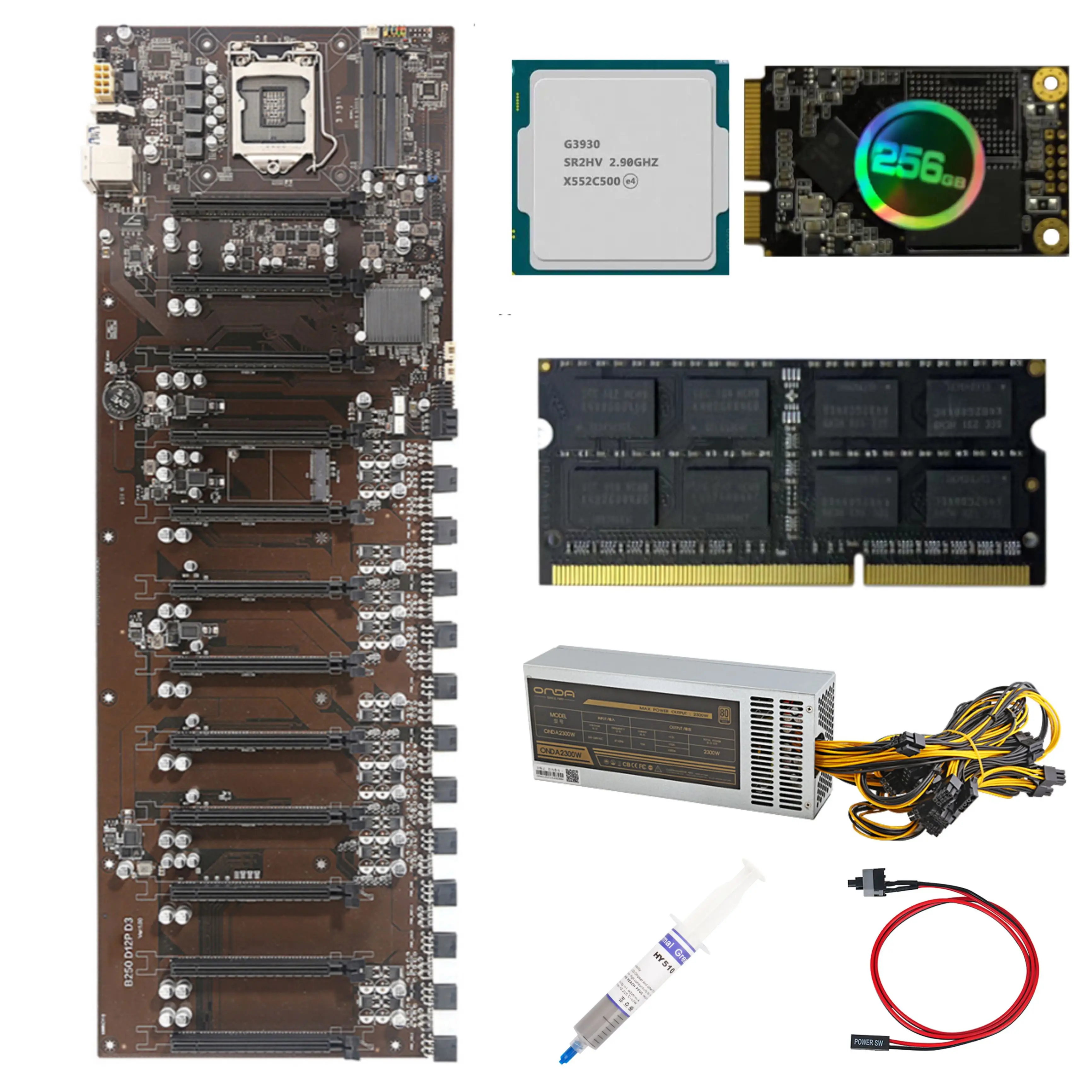 B250 BTC-D12P Mining Motherboard Set for LGA1151, DDR3L 8GB Memory Dual SATA3.0 Computer Mainboard with g3930 CPU and 5 Fans
B250 BTC-D12P Mining Motherboard Set for LGA1151, DDR3L 8GB Memory Dual SATA3.0 Computer Mainboard with g3930 CPU and 5 Fans