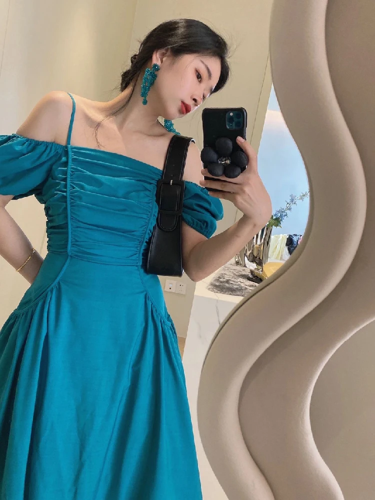 Woman Dress Korean Chic Summer French Simple Word Neck Off-shoulder Pleated Pocket Design Puff Sleeves Suspender Dress Women
Woman Dress Korean Chic Summer French Simple Word Neck Off-shoulder Pleated Pocket Design Puff Sleeves Suspender Dress Women